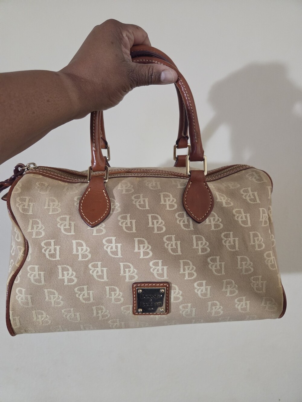 Vintage 2000s Dooney & Bourke Signature Monogram Canvas Satchel Bag Tan
